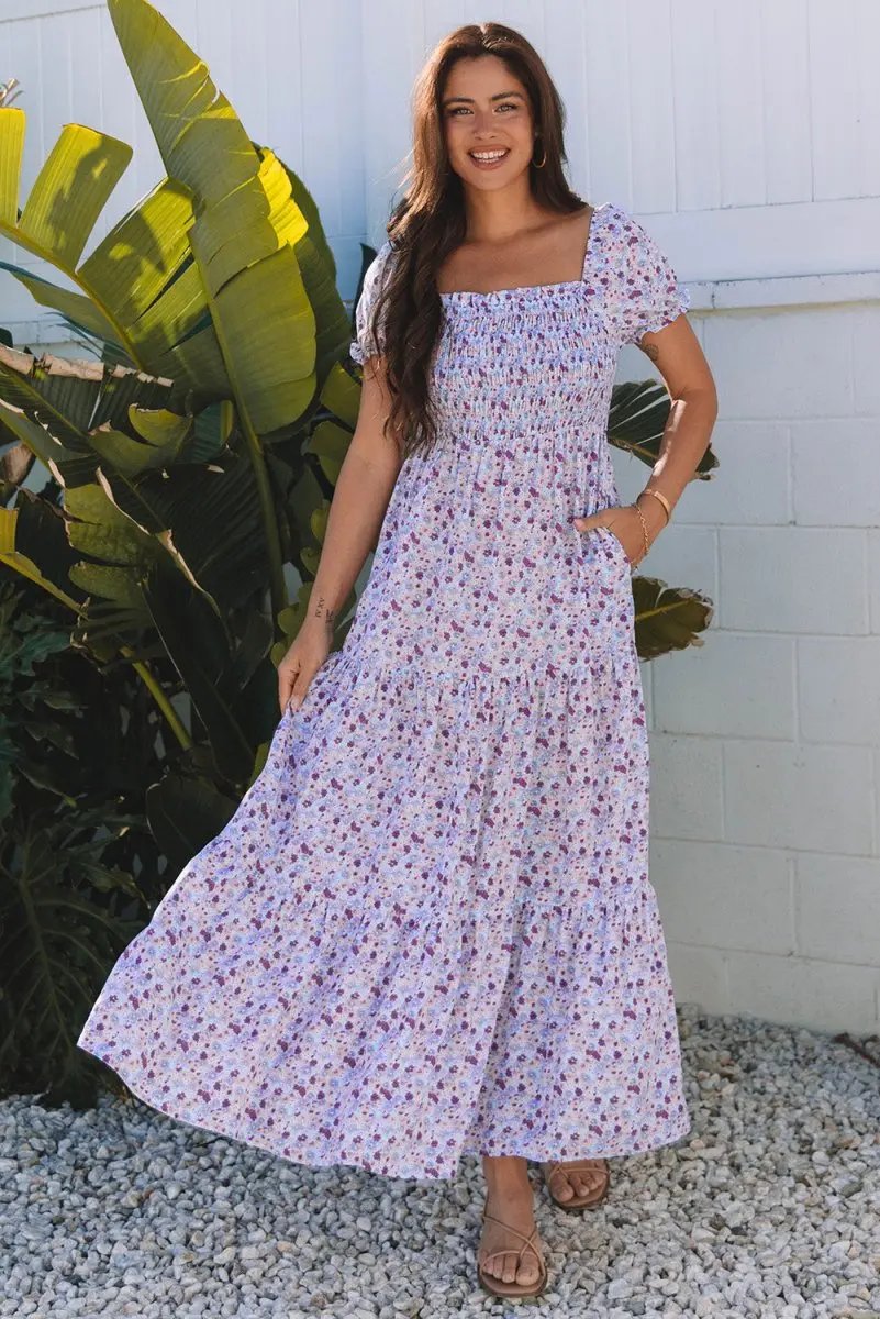 Purple Floral Short Bubble Sleeve Shirred High Waist Maxi Dress - Love Salve